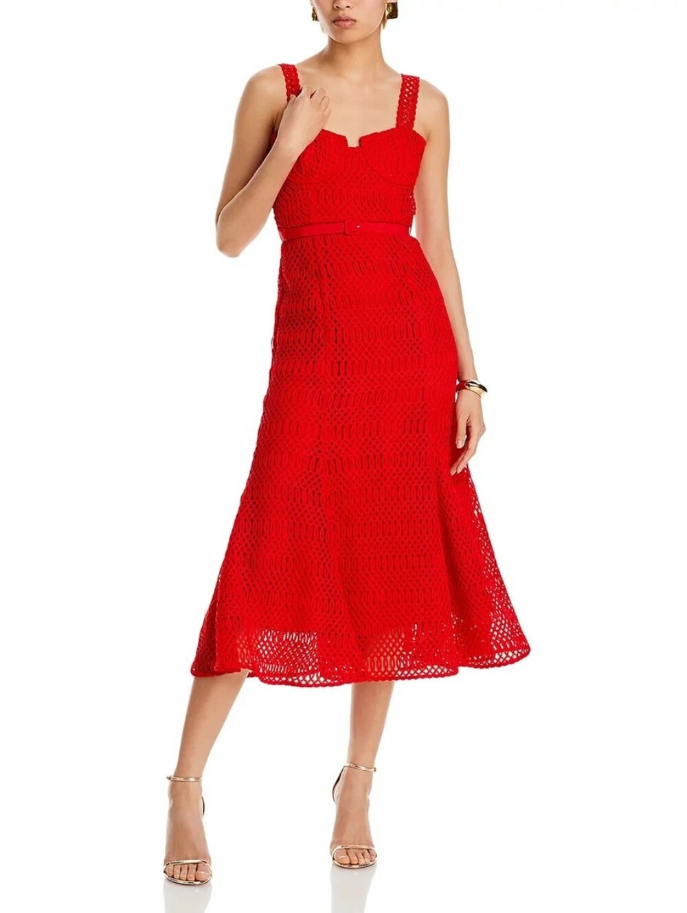 Self-Portrait Red Lattice LaceCrochet Midi Dress with Sweetheart Neckline